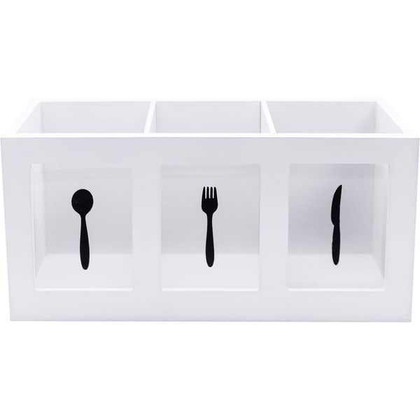 Maison Des Cadeaux 3 Compartment White Wooden Cutlery Rack Utensil Organiser Caddy Holder