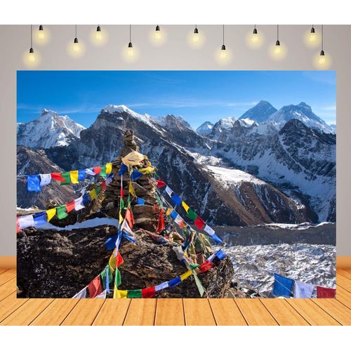 BELECO 7x5ft Fabric Mount Everest Backdrop Way to Everest Base Camp, Row of Buddhist Prayer Flags - Khumbu Valley - Nepal Background for Themed Party Decorations Photoshoot Studio Props