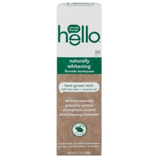 Hello Oral Care Naturally Whitening Fluoride Toothpaste, Vegan & SLS Free, Farm Grown Mint with Tea Tree Oil Coconut Oil, 4.7 Ounce