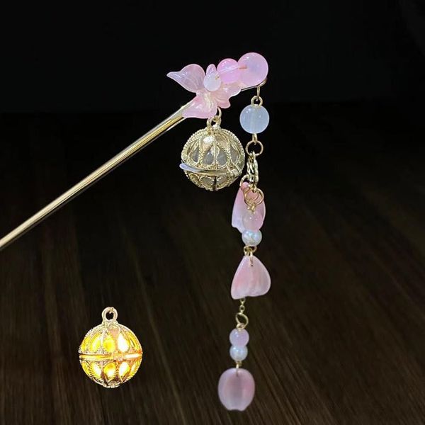 Lantern Light Long Tassels Hairpins Hair Stick, Chinese Coiled Hair Antique Hair Pin Lantern Ball Pendant Chopsticks Hair Accessories (Pink)