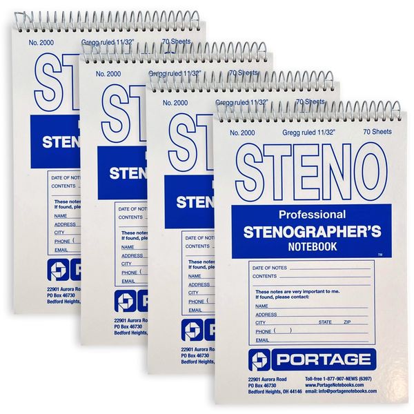 Portage Notebooks - Super Thick Backing Steno Pads, Ultra Sturdy, Gregg Ruled Steno Pads - Steno Pads Spiral 6x9, 70 Sheets of Paper (4 Pack)