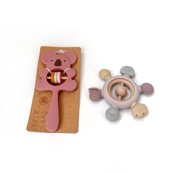 Little Lemons 2pcs Silicone Teething Toys for Baby - Leather Powder Koala Rattle Teether and Forest Wheel Baby Teether with Natural Wood - Baby Teething Toy, Newborn Essentials for Gift