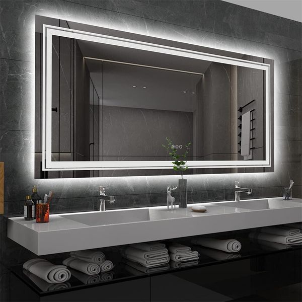 Large LED Bathroom Vanity Mirror with Front & Backlight Anti-fog Memory Dimmable