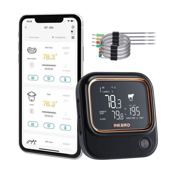 INKBIRD IBT-26S Meat Thermometer,WIFI 5GHz and Bluetooth 5.1 Meat Thermometer Probe,BBQ Thermometer with 4 Probes, Magnetic Holder, USB Rechargeable, Grill Thermometer for Kitchen Oven BBQ Smoker