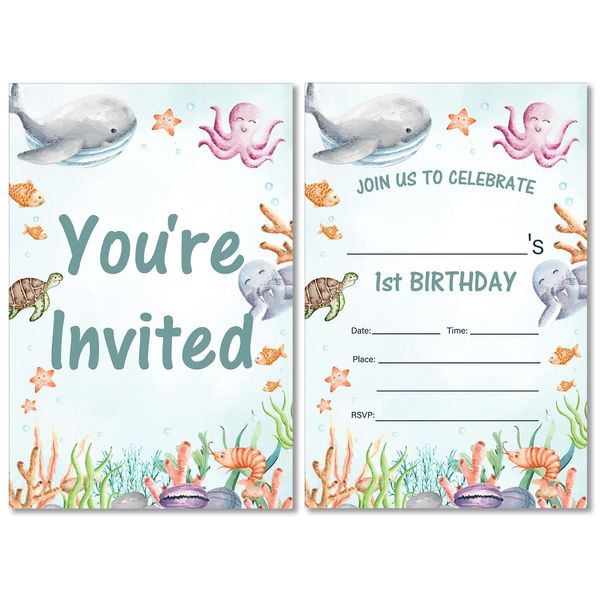 Under the Sea First Birthday Invitations with Envelopes Set of 20 Watercolors Whale Turtle Shark Jellyfish Sea Life 1st Birthday Party Invites Fill in Blank