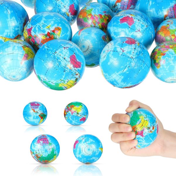 40 Pcs Globe Stress Ball World Earth Stress Balls, 3 Inch 2.5 Inch Mini Foam Stress Balls for Adults Teens Finger Exercise, Globe Pattern Educational Stress Balls Small Earth Day Party Favors