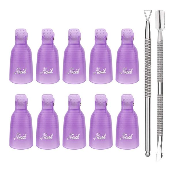 Haobase 10 Pcs Plastic Acrylic Nail Art Soak Off Cap Clip UV Gel Polish Remover Wrap Tool and 2 Pcs Cuticle Pusher