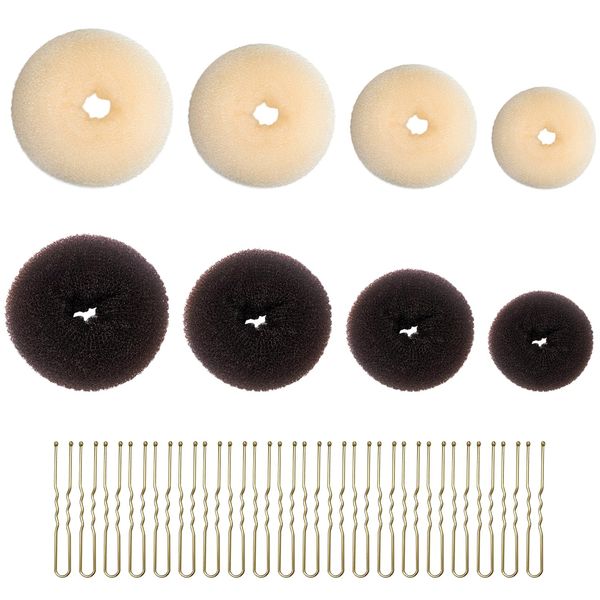 8-Piece Hair Clip Donuts with 20-Piece U-Shaped Clips, Mini Donut Styler,Ballet Dancer Hair Tie Accessories (Dark Brown, Beige)