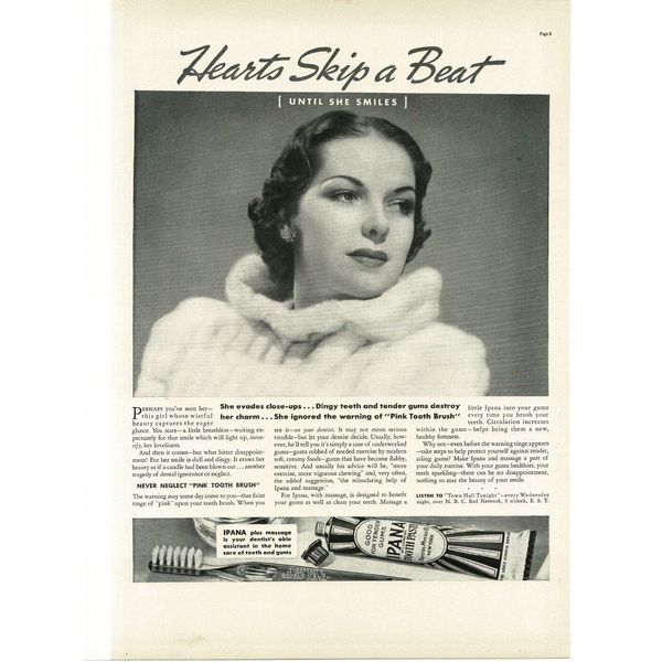 1937 Ipana Toothpaste Pretty woman wearing fur coat Vintage Print Ad