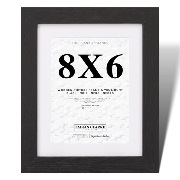 Fabian Clarke London® 8x6 Modern Black Wooden Picture Photo Frame with White 7x5 Mount Includes Safety Glass Front Hang Portrait or Landscape