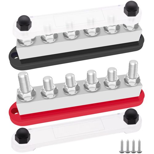 Aienxn 650A Marine Bus Bar Heavy Duty Power Distribution Block, Battery Busbar, Automotive Buss bar Terminal Block with 6X 3/8" (M10) Studs for Car, Boat and Solar Wiring (Black+Red)