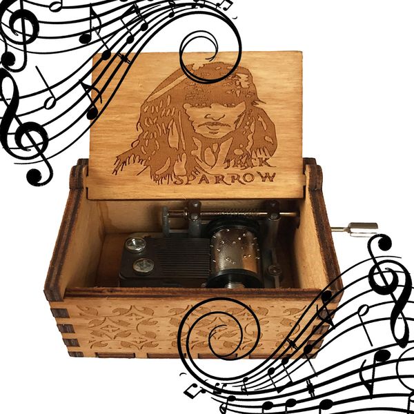 MINGZE Wooden Music Box - Hand Crank Musical Box, A variety of styles Hand Engraved Wooden Music Box, for Home Decoration Crafts Birthday Gift (Pirates of the Caribbean（captain Jack）)