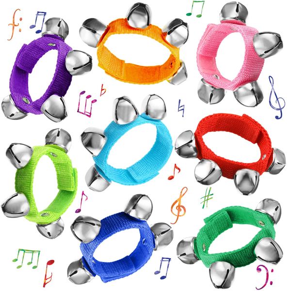 64 Pcs Wrist Jingle Bells Kids Jingle Bells Wrist Band Jingle Bells Instruments Baby Hand Bells for Kids Adjustable Musical Hand Bells Set Party Supplies Music Percussion Gifts, 8 Colors