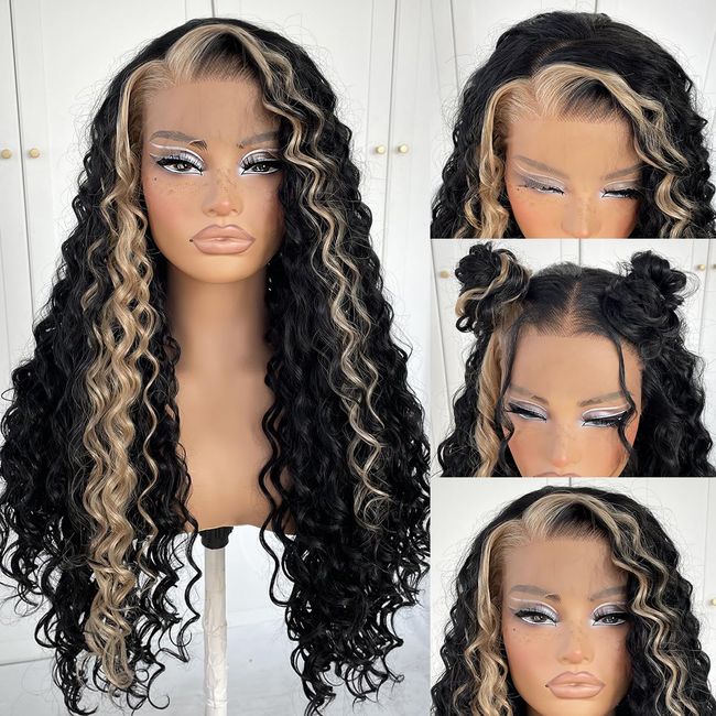 MITIMES 13x6 Skunk Stripe Curly Wig Glueless Highlight Lace Front Wigs Pre-Plucked Black And White Kinky Synthetic Wear And Go Curly Wig