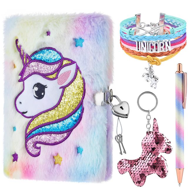 WERNNSAI Plush Unicorn Notebook Set - Magic Journal for Girls Private Diary Embroidery School Travel Notepad Gel Pen Key Rings Bracelets Locks Keys Birthday Christmas Gift