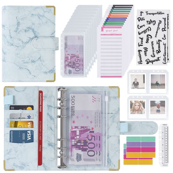 Budget Planner Budget Binder A6 Cash Stuffing Umschlagmethode Pu-Leder Ringbuch Sparbuch mit Folien Zubehör, Finanzplaner für Geld Organizer, Geld Sparen Mappe (Blau)