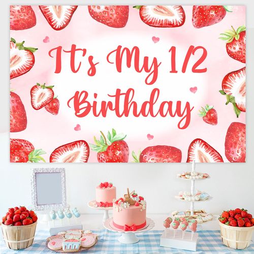 Cheereveal Strawberry It’s My 1/2 Birthday Party Backdrop 3x5ft, Berry Sweet Half Year Old Girl Birthday Background 1/2 Way to One Decor, Fruit Theme 6 Months Bday Strawberry Decorations Supplies