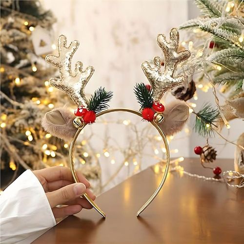 Pvoiue Christmas Headband for Women Girls, Reindeer Antlers Headband Outfit - Gold Realistic Reindeer Antlers Ears Designs Party Deer Costume for Holiday Christmas Halloween Accessories