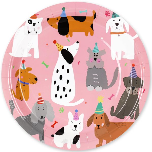 JarThenaAMCS 30Pcs Dog Theme Paper Plate Pink Puppy Disposable Plates 9" & 7" Cute Cartoon Dinner Plates for Animal Pet Party Table Decor Supplies