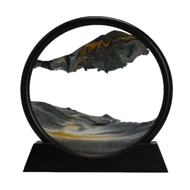 Aoderun Moving Sand Art Picture Round Glass 3D Deep Sea Sandscape in Motion Display Flowing Sand Frame Relaxing Desktop Home Office Work Decor (7", Black)