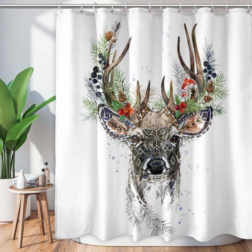 Mloabuc® Christmas Shower Curtain Elk Deer in Winter Forest Shower Curtain 72"x72" with Hooks Waterproof Fabric Country Farmhouse Cabin Decor Shower Curtain, Sets with 12 Hooks