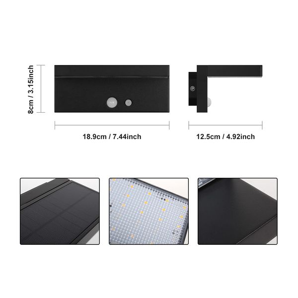 DAWALIGHT Solar Outdoor Wall Light, Motion Sensor with 3 Lighting Modes 3000K ip44 Waterproof, Solar Light Patio Porch Decoration Aluminum Black