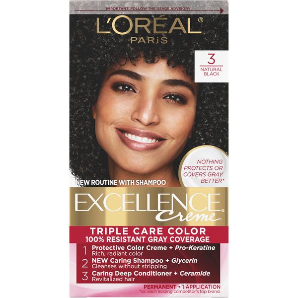 L'Oreal Paris Excellence Creme Permanent Triple Care Hair Color, 3 Natural Black, Gray Coverage For Up to 8 Weeks, All Hair Types, Pack of 1