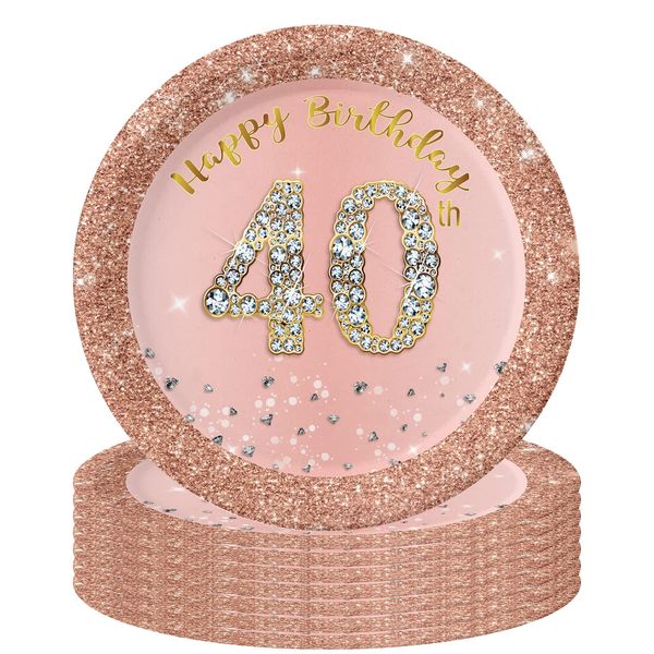 16Pcs 40th Birthday Rose Gold Paper Plates 7 inch,40th Rose Gold Woman Birthday Party Paper Plates,Happy 40th Birthday Tableware Decorations for Her,Women,40th Birthday Gifts Party Supplies