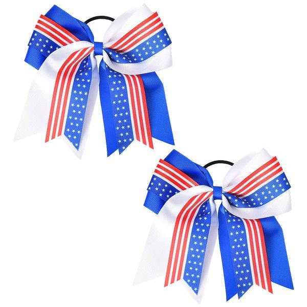 Independence Day Bows for Hair Accessories USA American Flag Bowknot Hair Tie Rope Scrunchies Cheerleading Bows for Hair 2 PCS (Blue)