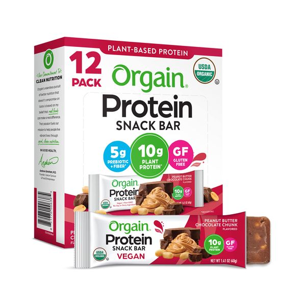 Orgain Organic Vegan Protein Bars, Peanut Butter Chocolate Chunk - 10g Plant Based Protein, Gluten Free Snack Bar, Low Sugar, Dairy Free, Soy Free, Lactose Free, Non GMO, 1.41 Oz (12 Count)