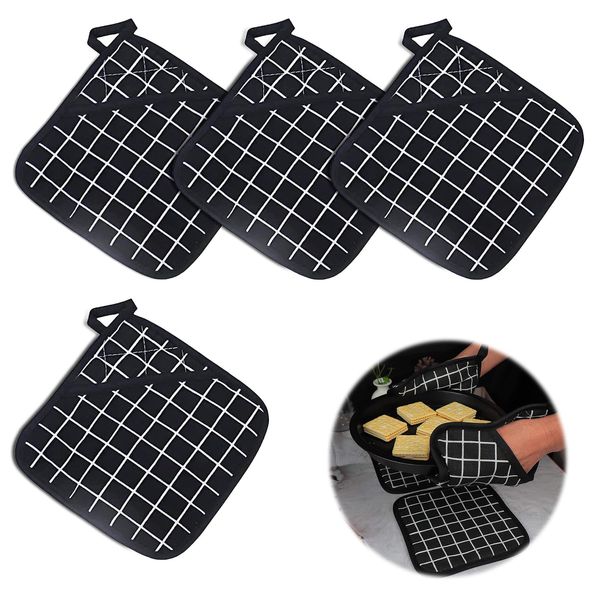 Kitchen Pot Holders Thickened Cotton Heat Resistant Pot Holders Multifunction Pot Holders with Pocket Oven Square Pot Holder Hot Pads for Table Bowl Cup Kitchen Cooking Baking, Black Lattice, 4 Pcs