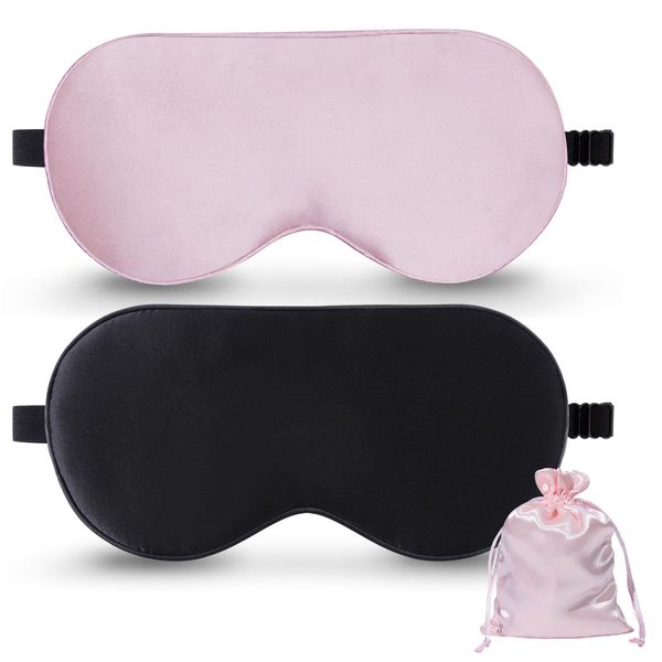 Silk Sleep Mask, 2 Pack Mulberry Silk Eye Mask with Adjustable Strap, Sleeping Aid Blindfold for Nap, BeeVines Eye Sleep Shade Cover, 100% Blocks Light Reduces Puffy Eyes (11 Black & Pink with Pouch)