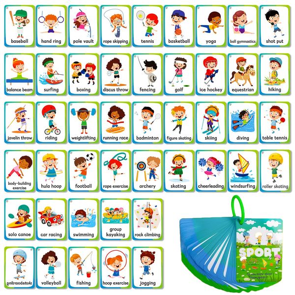 48 Sport Flashcards for Kids,Waterproof Education Flash Cards, Children's Sport Educational Card, Double-Sided Fun Toy Cards for Toddles