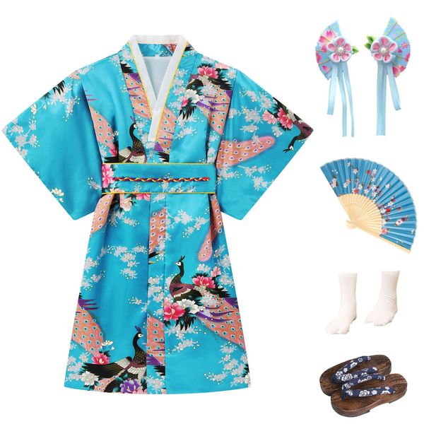 Cutey May Japanese Traditional Dress for Girls Costume Kimono for Kids Set (Aqua, 10-12Years(150cm))