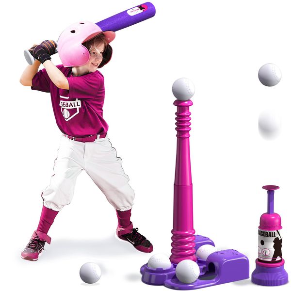 QDRAGON 2 in 1 T Ball Sets for Kids 3-5 5-8, Tee Ball Set with Automatic Pitching Machine/Adjustable Batting Bat & Stand/6 Balls, Baseball Toys Outdoor Sport for Toddlers Girls, Pink