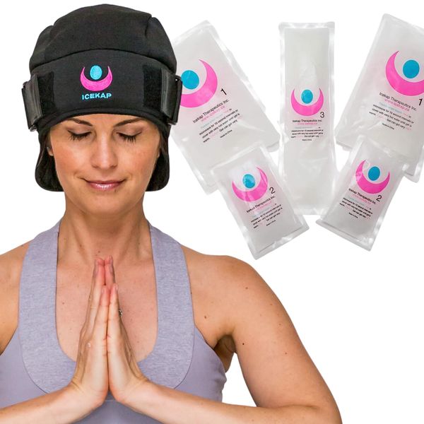 Icekap (2-Hour Cooling) Fitted Cold Cap with Adjustable Compression, 5 Swappable Gel Packs. Medical Device for Migraine, Scalp, Concussion Relief, Chemo, Sinus Pain. Allergen-Free, Machine Washable