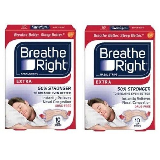 2 Pack- Breathe Right Nasal Strips Extra 10 Tan Strips Per Box