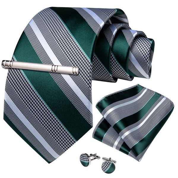 DiBanGu Men's Emerald Green Grey Striped Tie Silk Woven Necktie Pocket Square Cufflink Set Formal