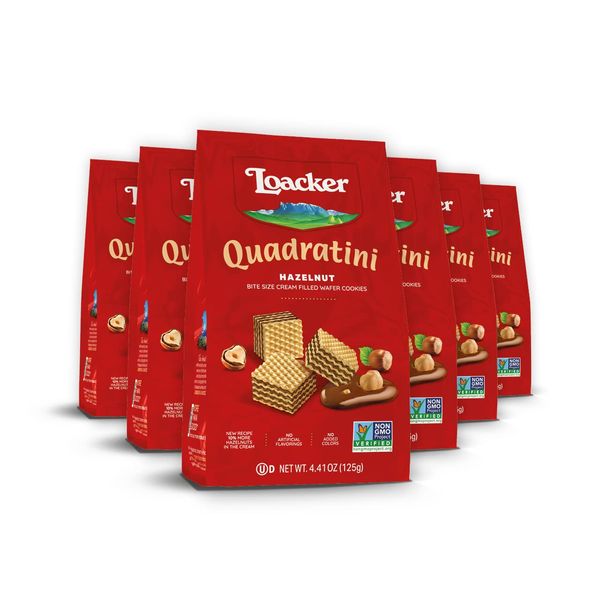 Loacker Quadratini Hazelnut Wafer Cookies SMALL - 30% Less Sugar - Premium Crispy Bite Size Wafers with Hazelnut Cream Filling - Resealable Pack - NON-GMO - 100% Italian Hazelnuts - SMALL Snack Bag, 125g/4.41oz, Multipack of 6