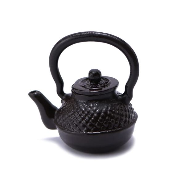 Dollhouse Miniature Vivid Teapot Tea Kettle 1:12 Scale Kitchen Copper Model Artificial House Decoration Food Ornament Accessories (Black)