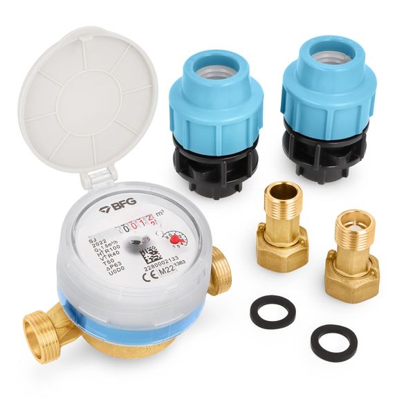 HYDROBIL WRAS Certificate Water Meter with Non-return Brass Fittings 1/2" BSP Male and MDPE/PE 1/2" BSP to 25mm, Antimagnetic Cold Water Flow Meter, 50°C H-R100 V-R40 Rotary Counter Qn 1.6m3/h 16 Bar