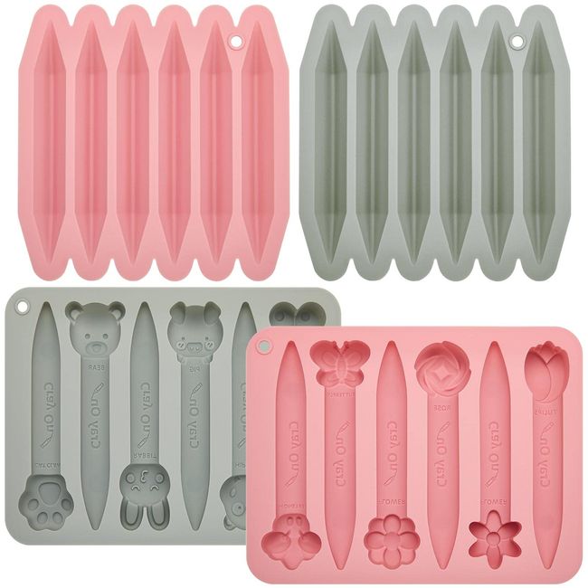 4 Pack Assorted Crayon Molds Cavity 3D Crayon Silicone Mold Triangular Crayon Molds Silicone Chocolate Making Molds for DIY Wax Crayons Candle Melting Animal Flower Chocolate Pen Shapes, Pink Gray