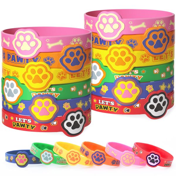 KELENO 24 Dog Paw Party Favors Birthday Supplies for Kids Paw Print Silicone Wristbands Bulk Toy Gift Goodie Bag Stuffer Class Prize Filler Christmas Easter Dog Themed Party Favors