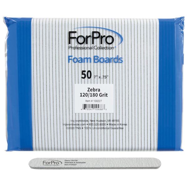 ForPro Zebra Foam Board, 120/180 Grit, Double-Sided Manicure Nail File, 7” L x .75” W 50-Count