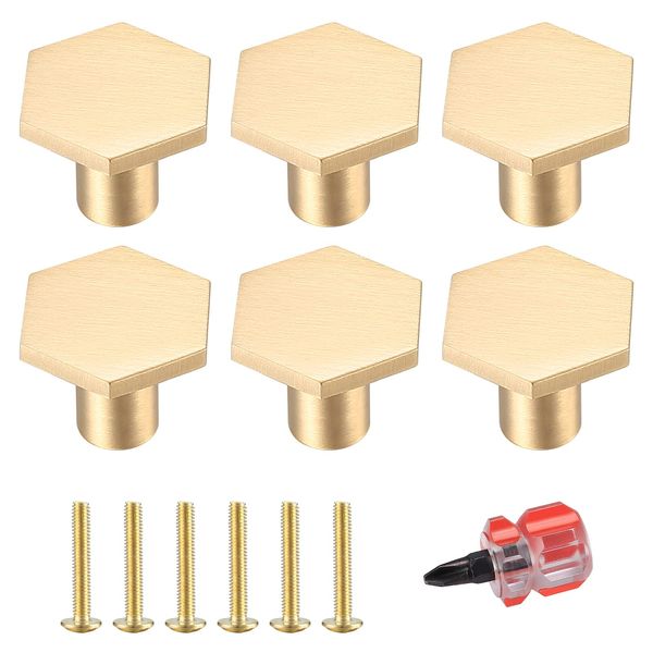 6 Pcs Brass Cabinet Door Knob, Hexagonal Gold Kitchen Door Knobs, Drawer Pulls Door Handles, Furniture Cupboard Drawer Cupboard Dresser Handles and Knobs, with Screws and Screwdriver