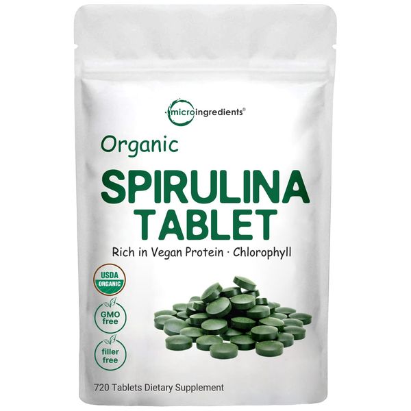 Micro Ingredients Organic Spirulina Supplement, 3000MG Per Serving, 720 Tablets (4 Month Supply), No Filler & Non-GMO, Rich in Vegan Protein, Vitamins & Prebiotics, Premium Spirulina Pills Organic