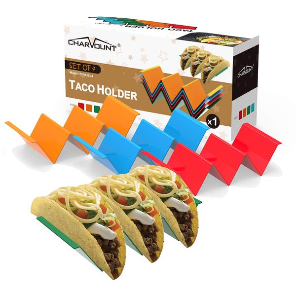 CHARMOUNT Taco Holder Stand Set of 4 Taco Rack Holders - Premium Taco Shell Holder Stand on Table with Handle, Hold 2 or 3 Hard or Soft Shell Tacos, Dishwasher & Microwave Safe