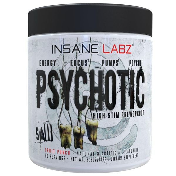 Insane Labz Psychotic SAW®, High Stim Pre Workout Powder with OxyGold­™ and AMPiberry®, Extreme Lasting Energy with Teacrine®, Focus with CognitIQ® and Endurance with Beta Alanine,30 Srvgs,Fruit Punch