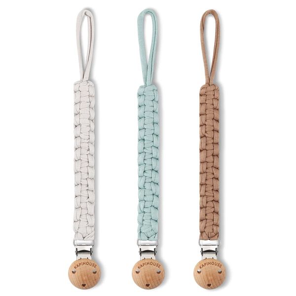 Kapihouse Pacifier Clip for boy 9.2 Inch Pacifier Leashes woodern Clips Teething Toy with Handmade Braided Cotton Modern Unisex Baby Shower Birthdays Christmas Set (3 Pack Boys)