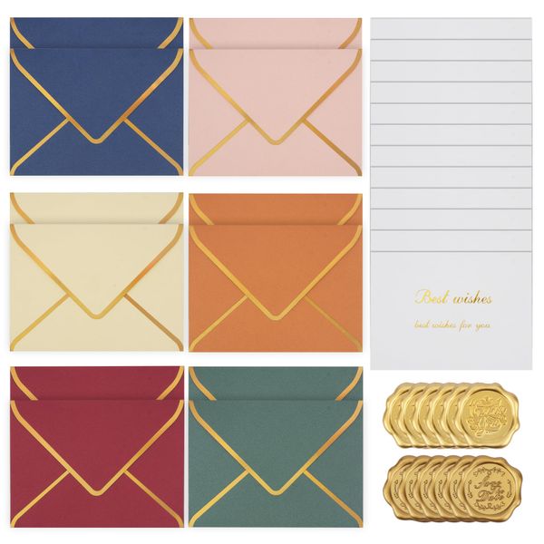 TEMLUM Message Cards, Letter Set, Thank You Cards, Greeting Cards, 6 Colors, 2 Seals, Luxury, Simple, Stylish, Includes Envelope Seals, Weddings, Invitations, Birthdays, Celebrations, Presents, Total of 36 Pieces, Set of 12 (Simple)